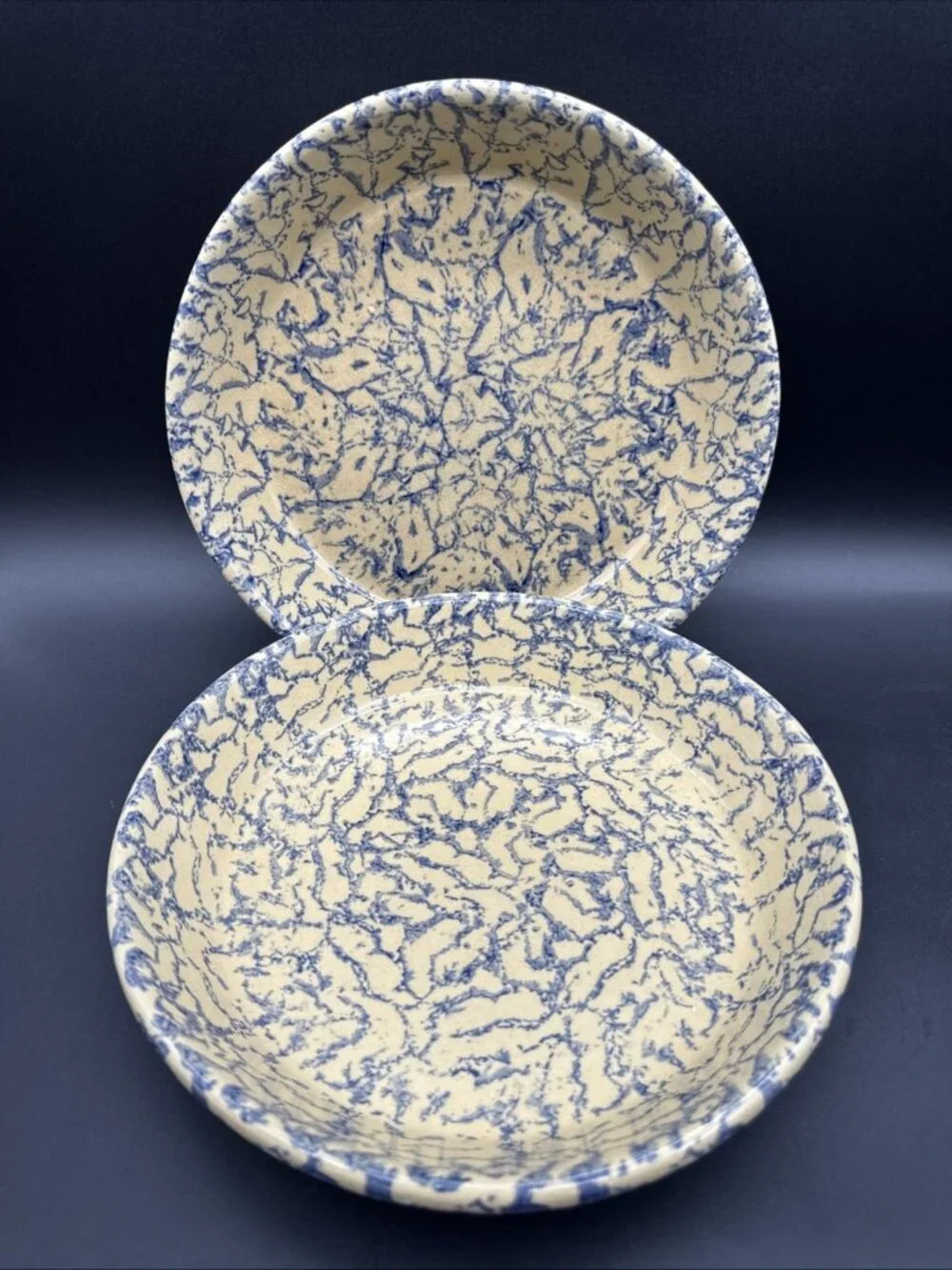 2 Robinson Ransbottom Pottery Pie Plate Blue Spongeware USA Roseville Ohio 9.5